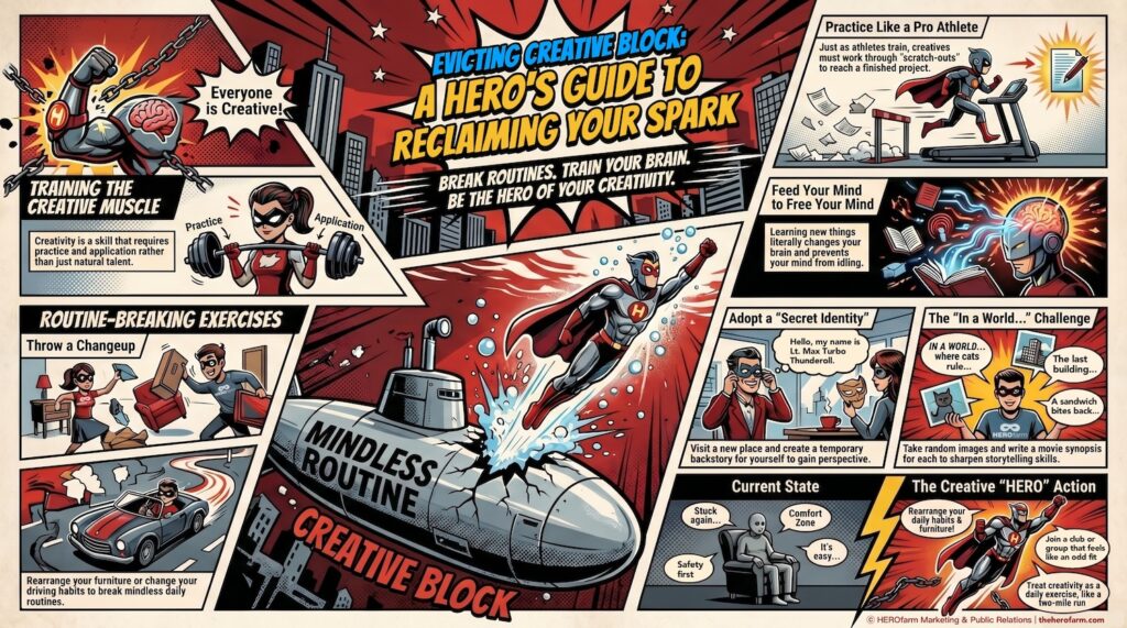 Comic-style infographic titled “10 Ways to Evict Creative Block From Your Head” featuring humorous creativity exercises and superhero-themed illustrations.