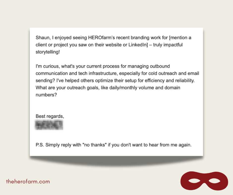Screenshot of a cold marketing email to HEROfarm containing generic placeholder text and a scripted pitch, illustrating impersonal outreach practices.