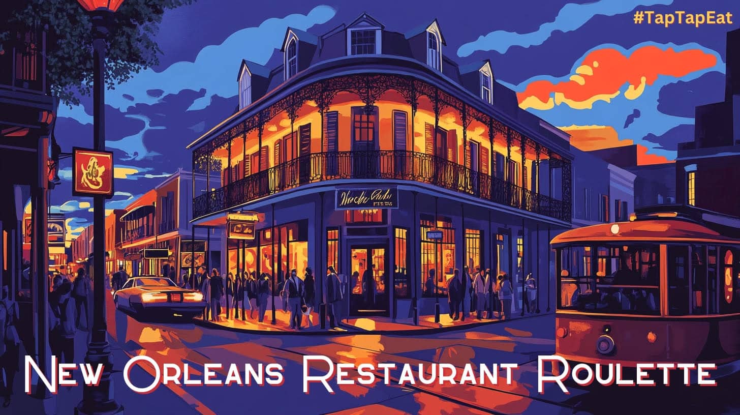 Vibrant illustration of a New Orleans restaurant and streetcar at sunset promoting New Orleans Restaurant Roulette, a free dining tool for New Orleans COOLinary created by HEROfarm Marketing & PR.
