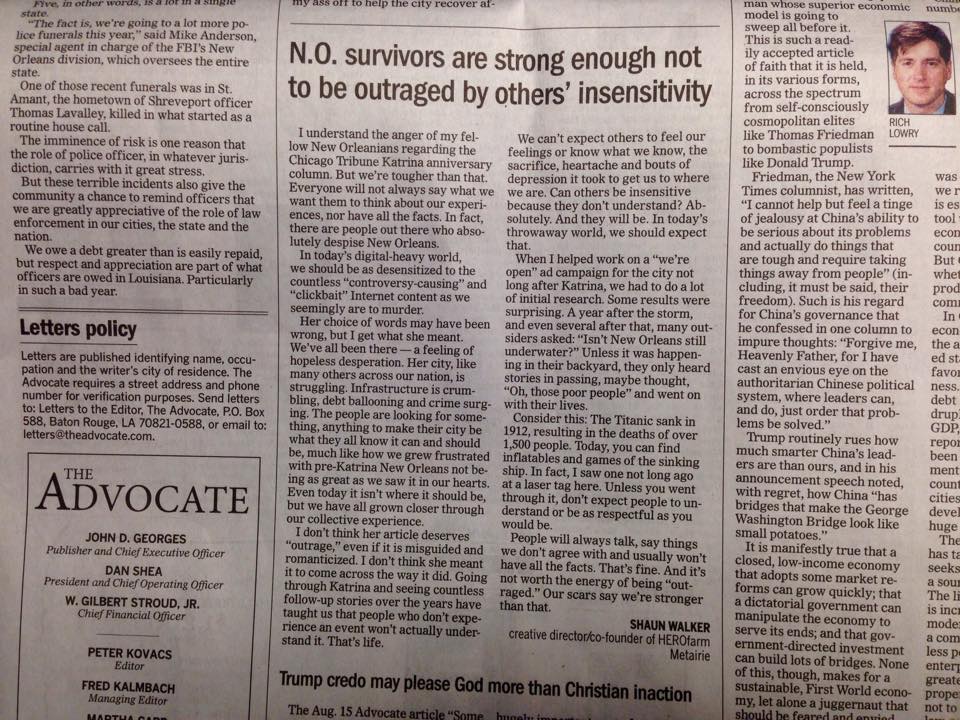 Photograph of a newspaper clipping of a letter to the editor published in The Advocate in August 2015, written in response to a controversial Chicago Tribune article about Hurricane Katrina.