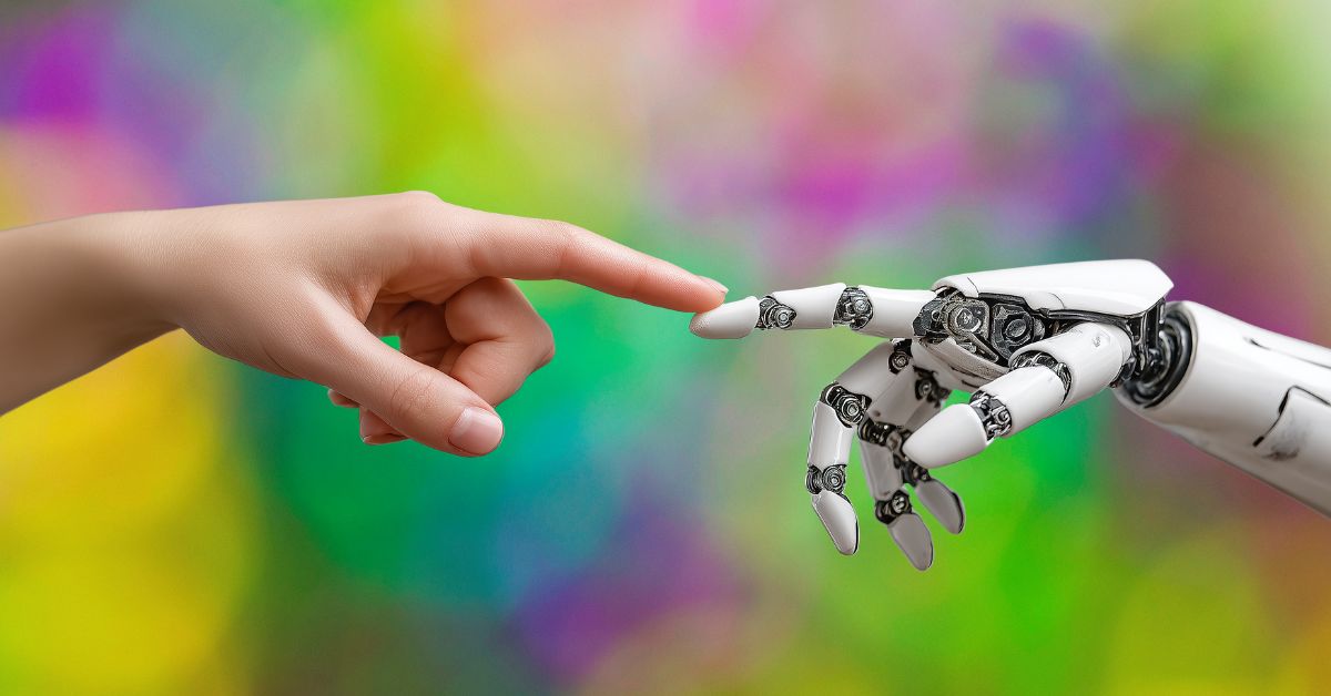 Human hand reaching toward a robotic hand, symbolizing collaboration between human judgment and modern tools