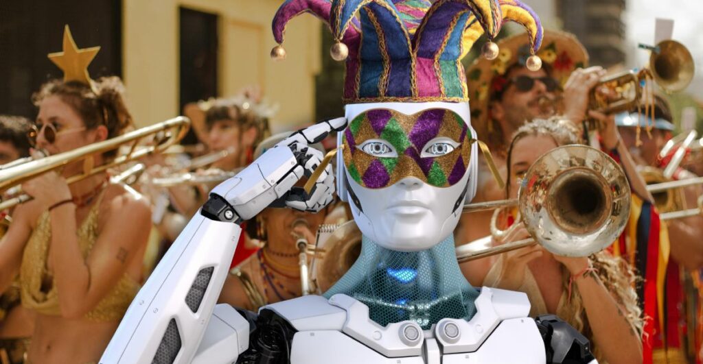 A robot wearing a Mardi Gras mask standing among a brass band during a New Orleans second line