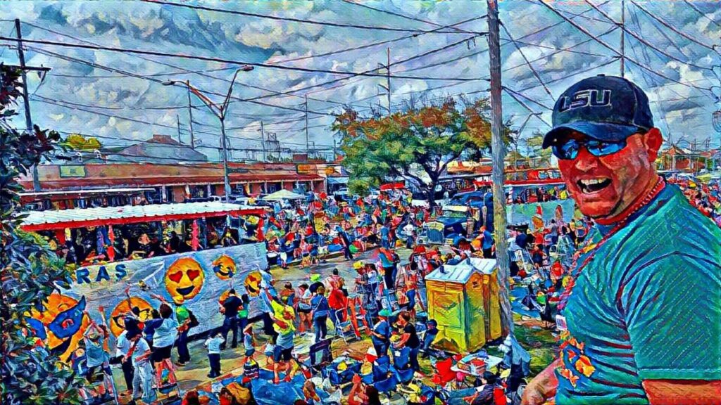 Art-filtered photo of a Mardi Gras parade in Metairie, showing a man standing on top of a vehicle in the crowd watching floats and people along the route