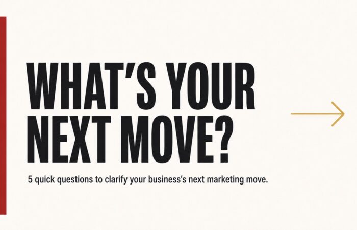 What’s Your Next Move? graphic promoting five questions to clarify a business’s next marketing move