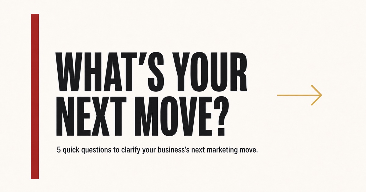 What’s Your Next Move? graphic promoting five questions to clarify a business’s next marketing move